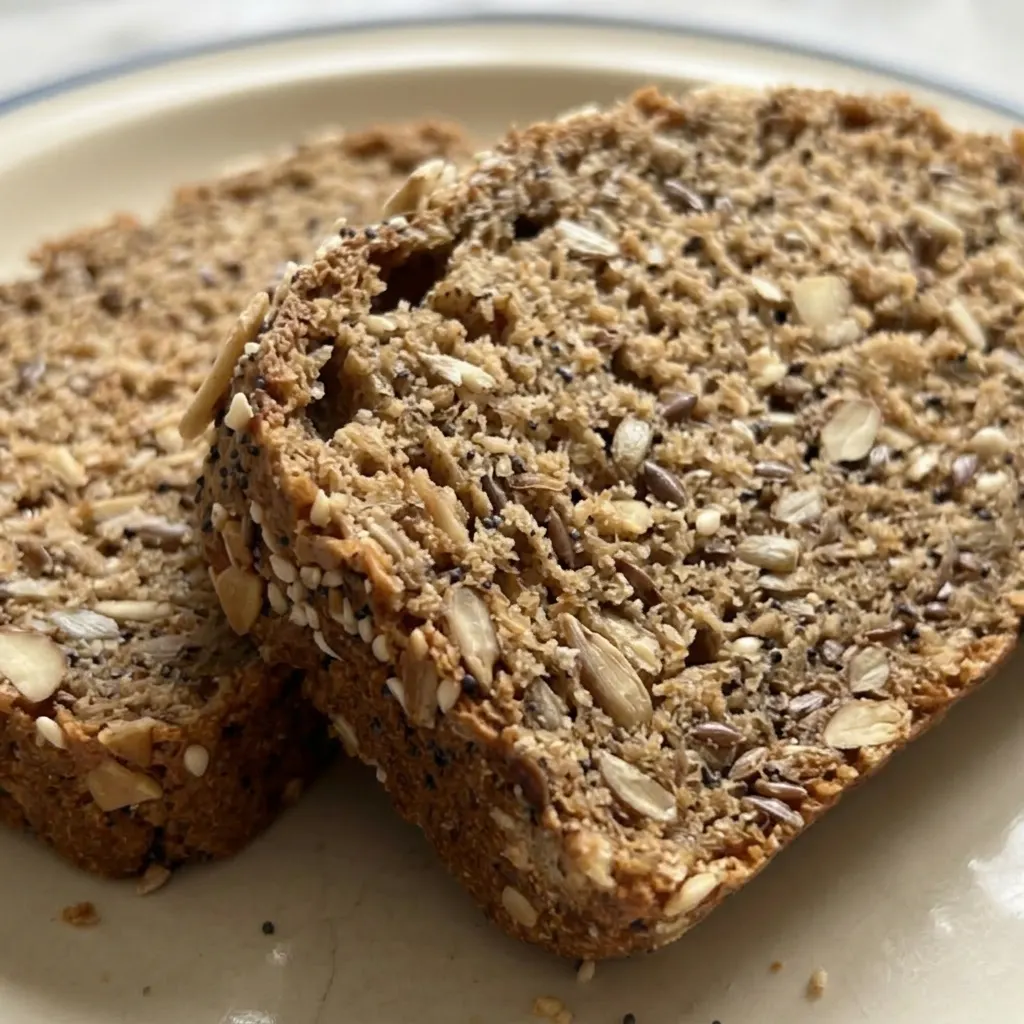 Close view of a bread slice with whole wheat and bread flour crumb, honey sheen, and seed-nut topping.