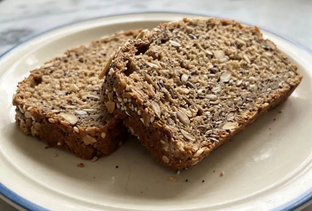 Overhead shot of a sliced loaf with honey, oats, seeds, and nuts visible on the crust.