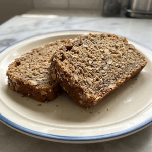 Overhead shot of a sliced loaf with honey, oats, seeds, and nuts visible on the crust.