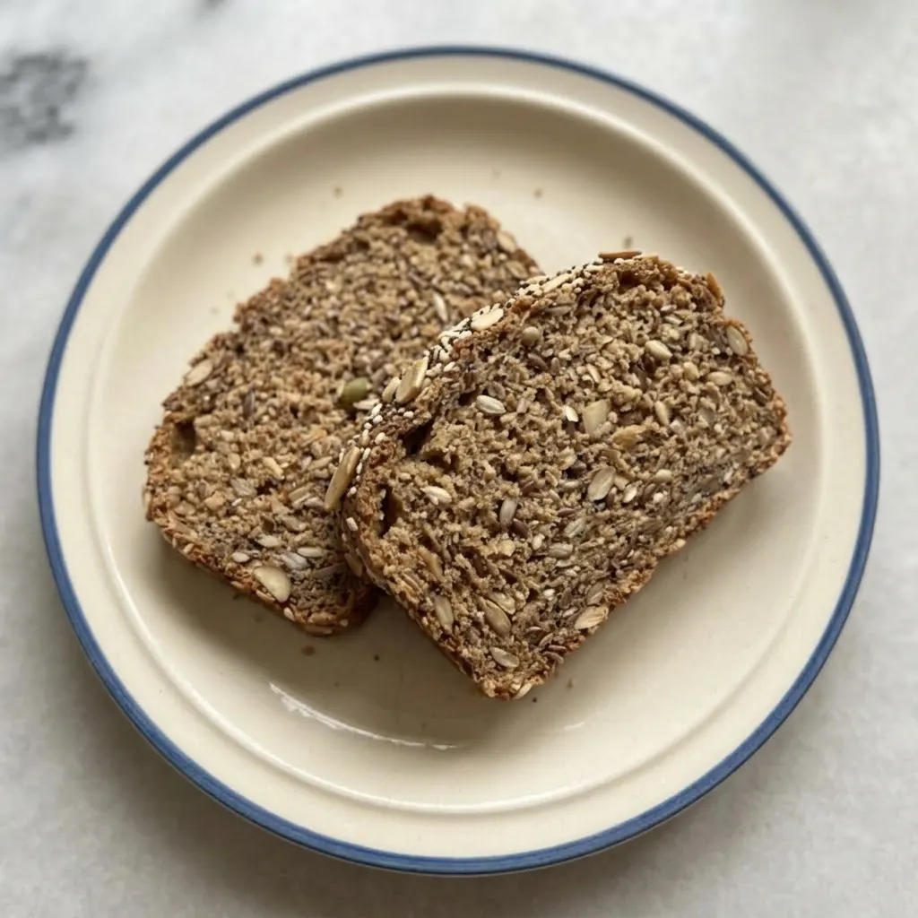 Plated slice of bread drizzled with honey, topped with oats, seeds, and nuts.