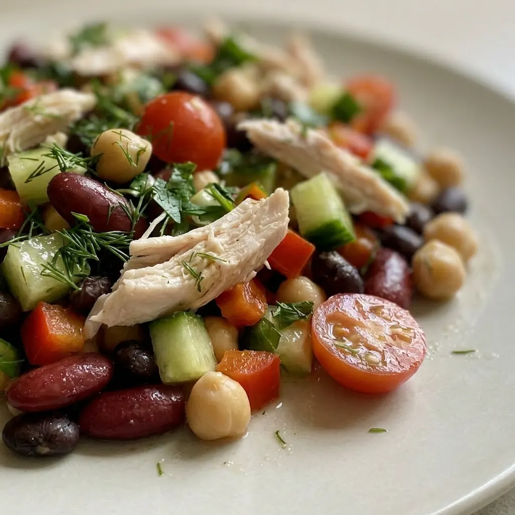 Macro detail of chicken, white beans, and cherry tomatoes coated in a glossy lemon-Dijon vinaigrette with visible garlic powder specks and fresh herb leaves.