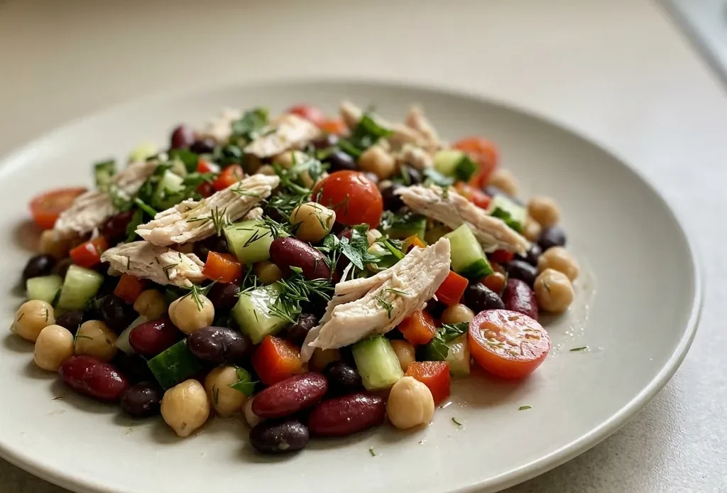 Top-down look at a mix of beans, chicken chunks, cherry tomatoes, cucumber slices, red bell pepper strips, and fresh herbs drizzled with olive oil and lemon juice.