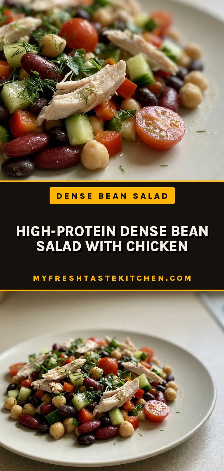 High-protein dense bean salad with chicken, cherry tomatoes, cucumbers, and red bell pepper in a bowl.