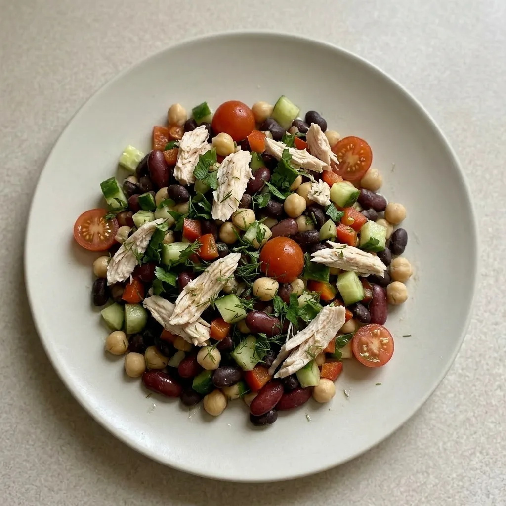 A serving of bean salad with chicken, cherry tomatoes, cucumber, red bell pepper, and herbs, dressed with olive oil, lemon juice, and vinegar.