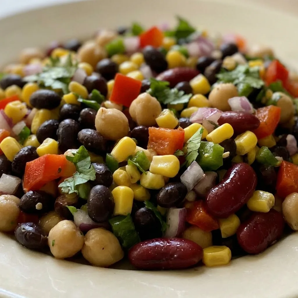 Macro detail of a dense bean salad showing black beans, chickpeas, kidney beans, corn, diced bell pepper, red onion, jalapeño, and cilantro with a lime dressing.