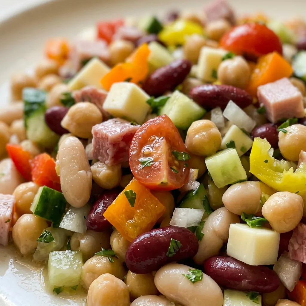 Macro detail of a dense bean salad featuring chickpeas, cannellini, kidney beans, cucumber, sweet onion, cherry tomatoes, bell peppers, banana peppers, provolone, turkey, and salami.