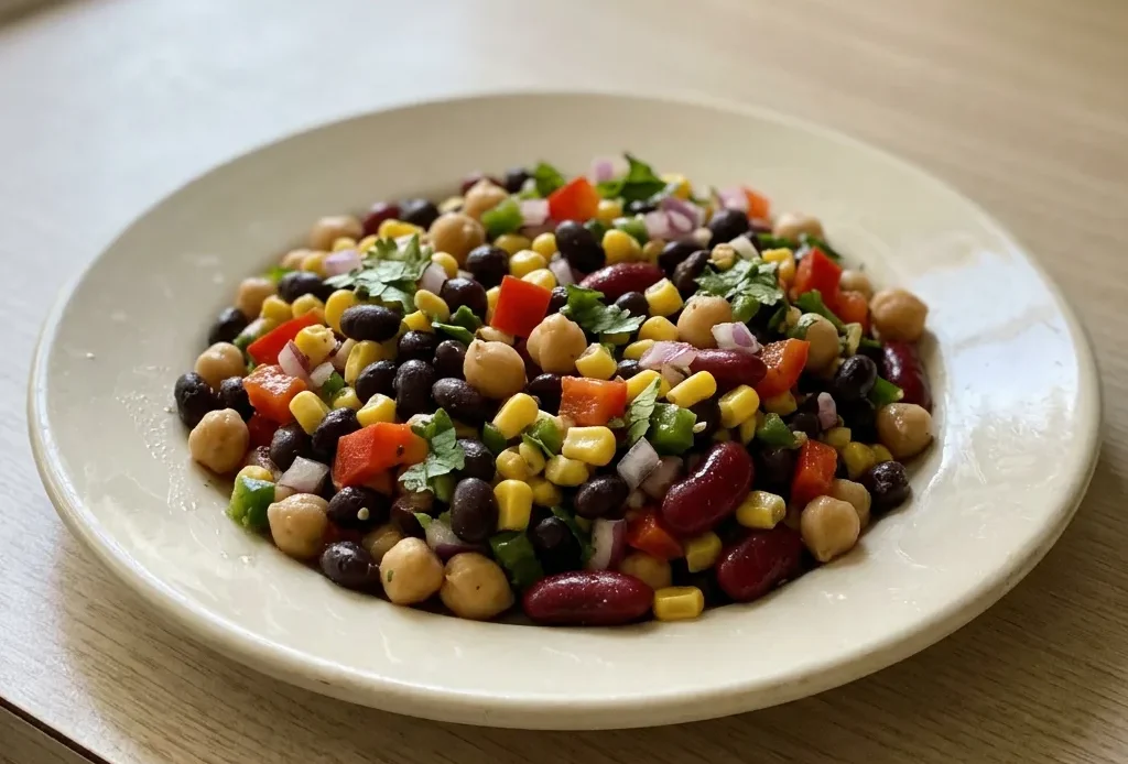 Top-down look at a dense bean salad with black beans, chickpeas, kidney beans, corn, bell pepper, red onion, jalapeño, and cilantro, drizzled with lime juice.