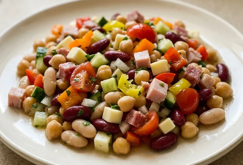 Top-down look at a dense bean salad with chickpeas, cannellini, kidney beans, cucumber, sweet onion, cherry tomatoes, bell peppers, banana peppers, provolone, turkey, and salami.