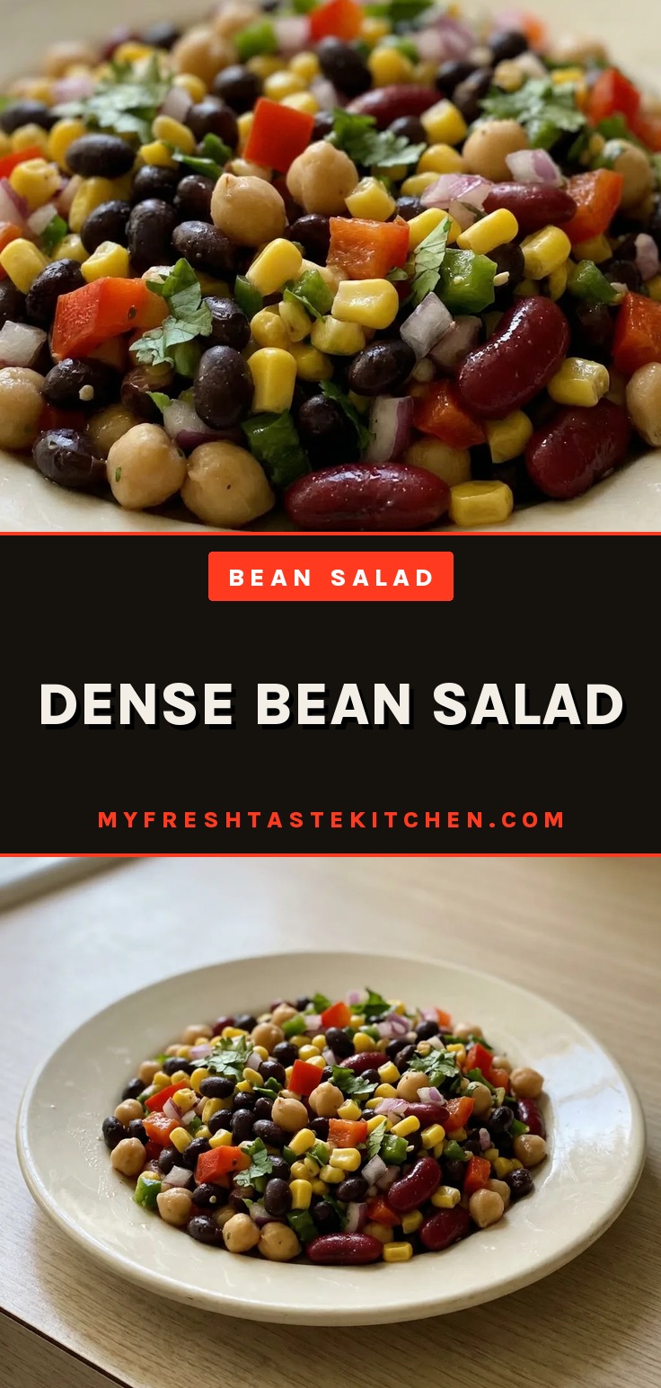 Dense bean salad with black beans, chickpeas, kidney beans, corn, and bell pepper in a bowl.