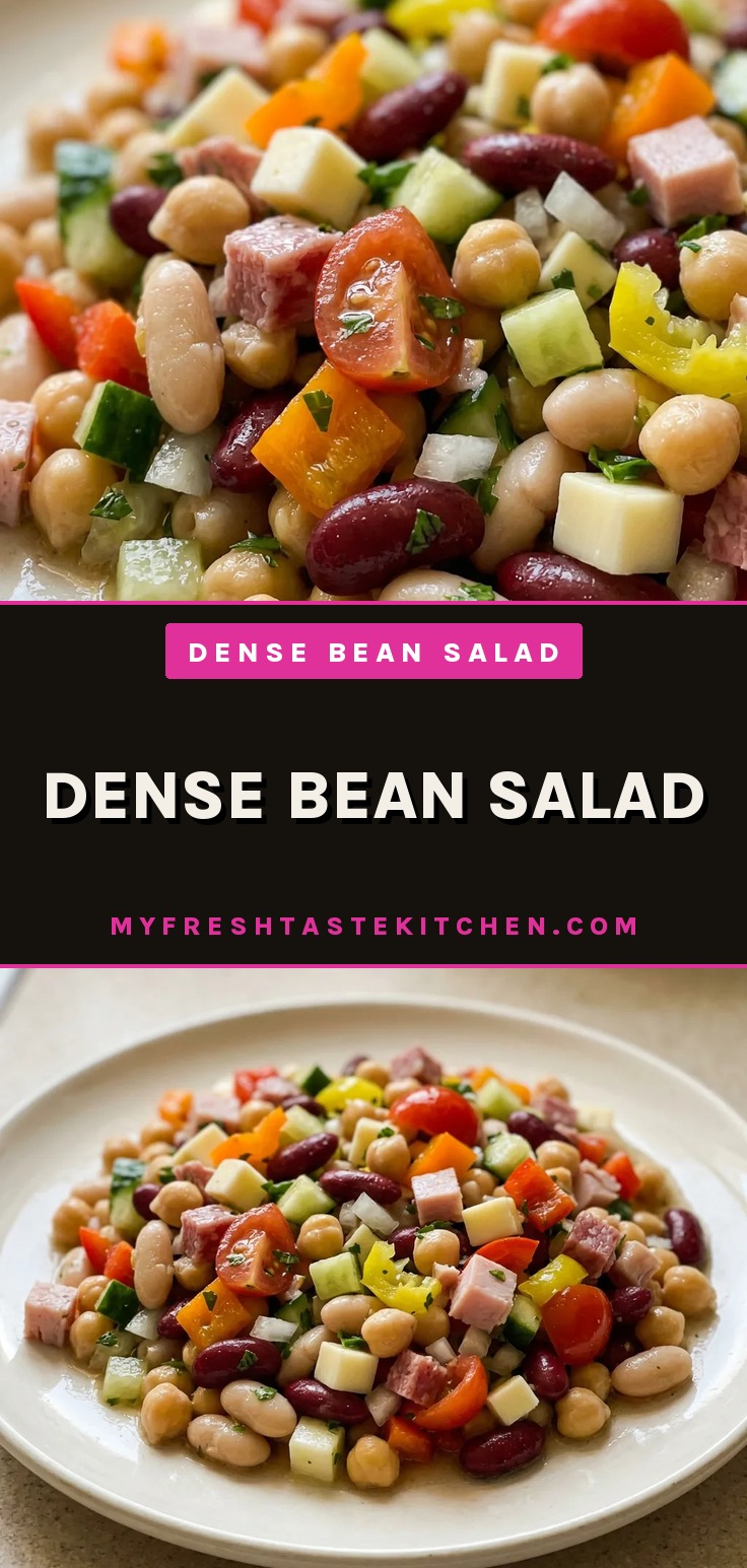Dense bean salad with chickpeas, cannellini beans, kidney beans, cucumber, cherry tomatoes, bell peppers, banana peppers, provolone cheese, deli turkey, salami, and fresh herbs.