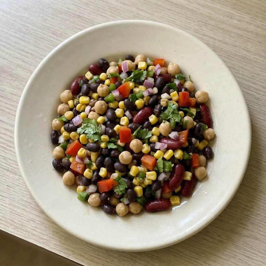 A serving of dense bean salad featuring black beans, chickpeas, kidney beans, corn, bell pepper, red onion, jalapeño, and cilantro, seasoned with cumin and chili powder.