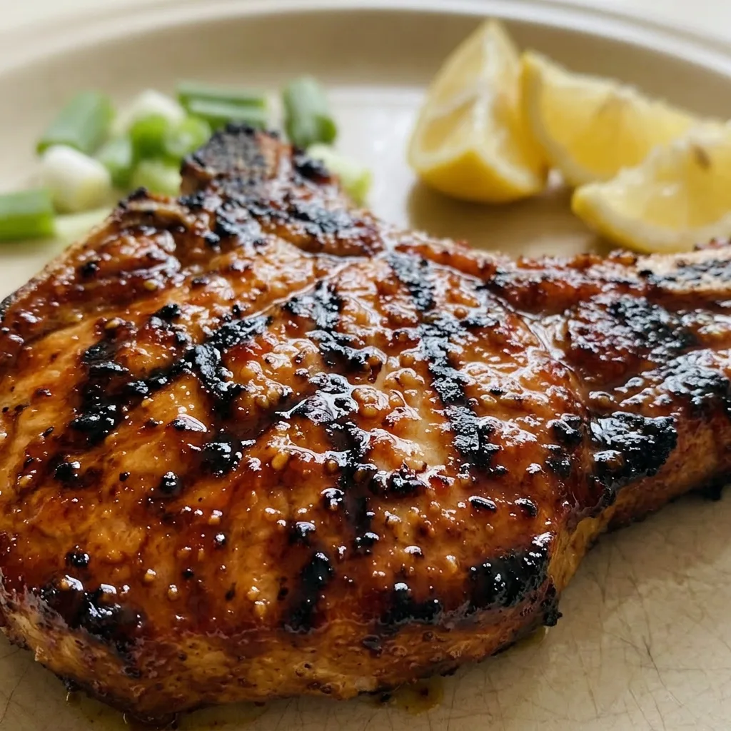Zoomed in on a single pork chop with a caramelized mustard crust and a drizzle of reduced vinegar sauce.