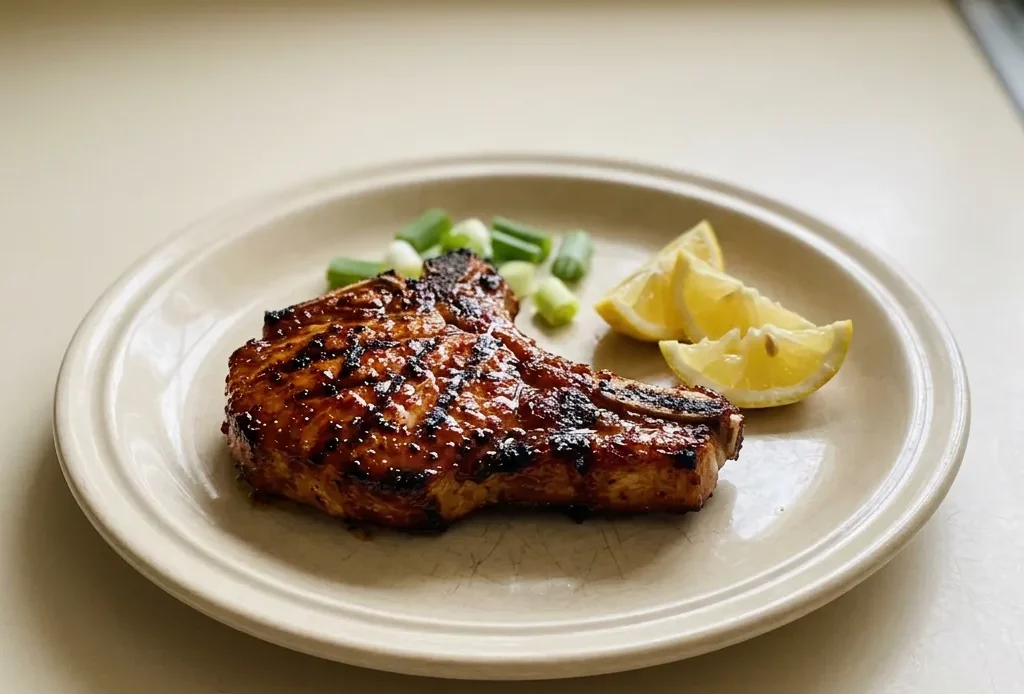 Bird's-eye view of two pork chops topped with a glossy brown mustard glaze and scattered apple slices.