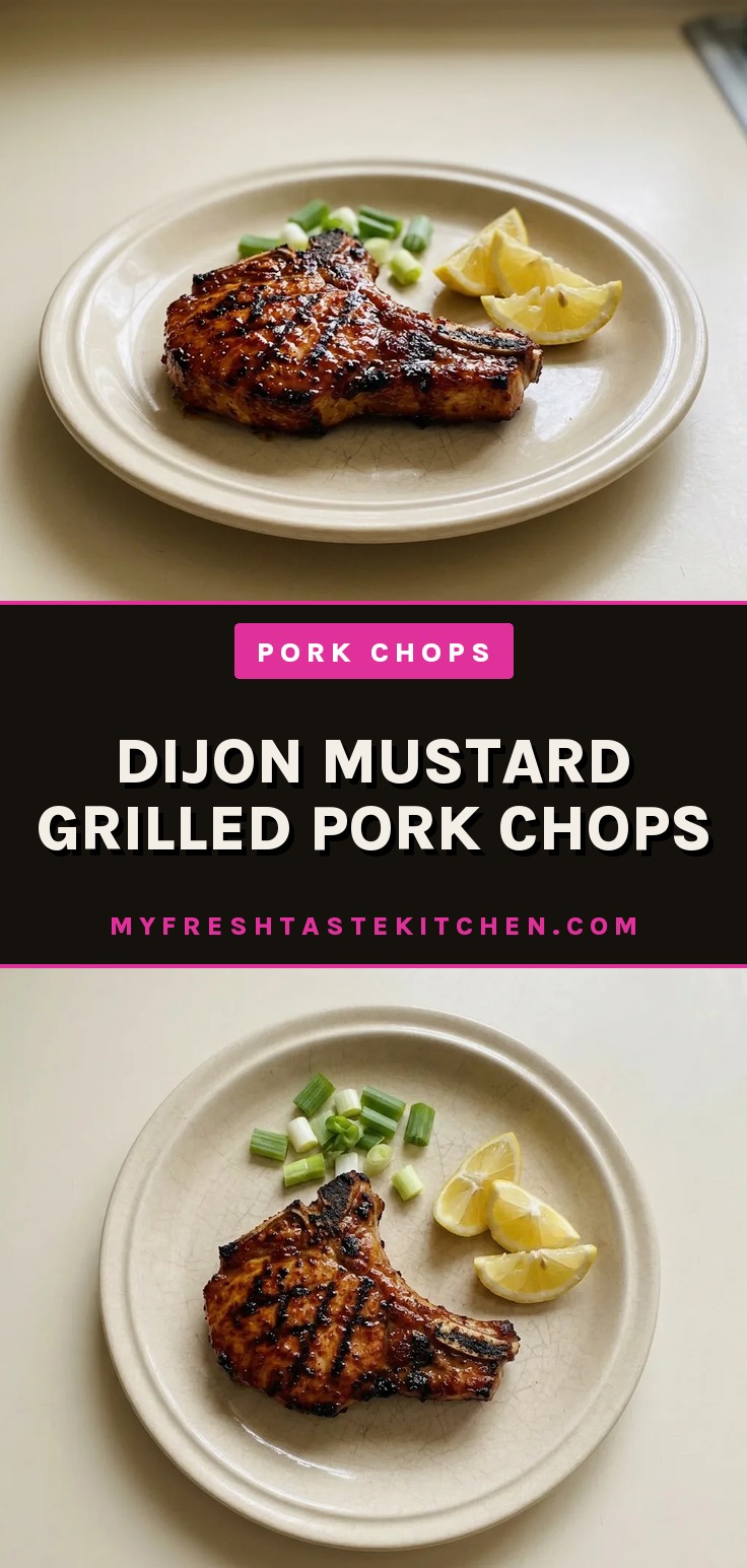 Bird's-eye view of two pork chops topped with a glossy brown mustard glaze and scattered apple slices.
