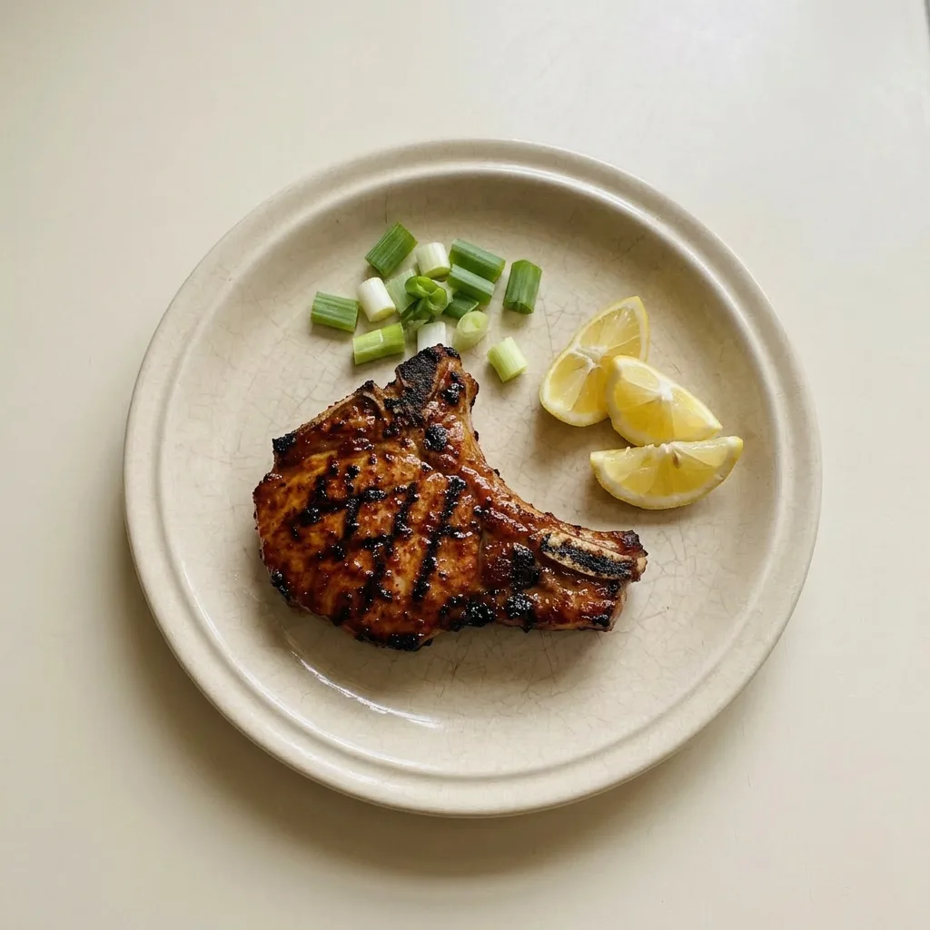 Ready to serve: a plated pork chop with a side of roasted vegetables and a dollop of mustard sauce.