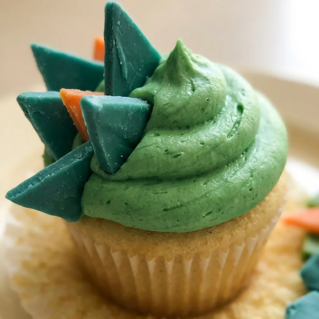 Macro detail of a dinosaur cupcake showing textured green frosting, candy eyes, and colorful sprinkles.