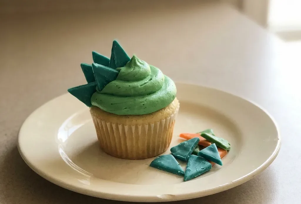 Top-down look at a dinosaur cupcake with green frosting, candy eyes, and sprinkles on a white base.