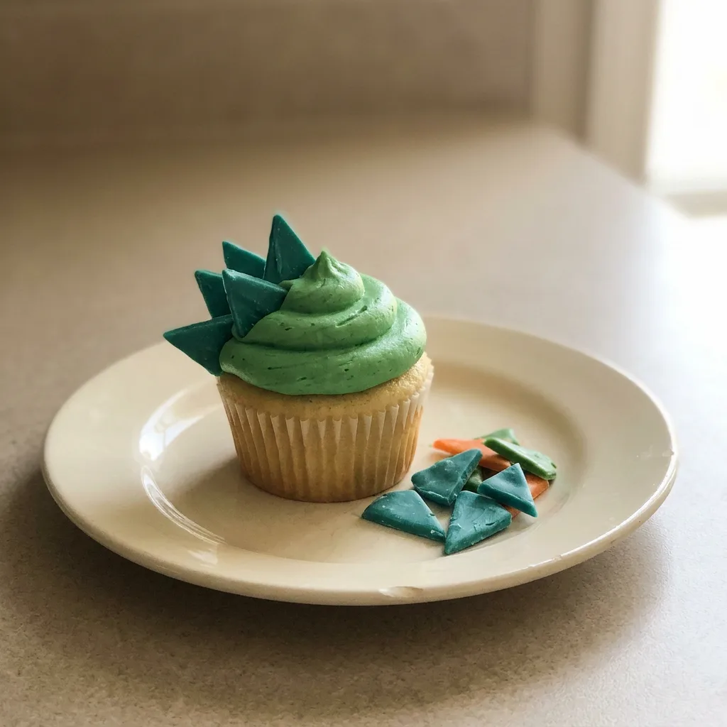 Top-down look at a dinosaur cupcake with green frosting, candy eyes, and sprinkles on a white base.