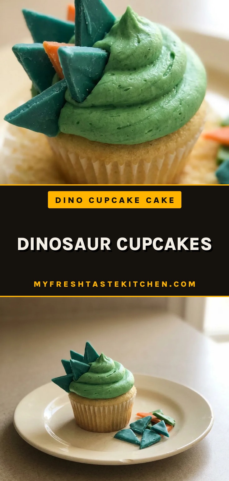 Top-down look at a dinosaur cupcake with green frosting, candy eyes, and sprinkles on a white base.