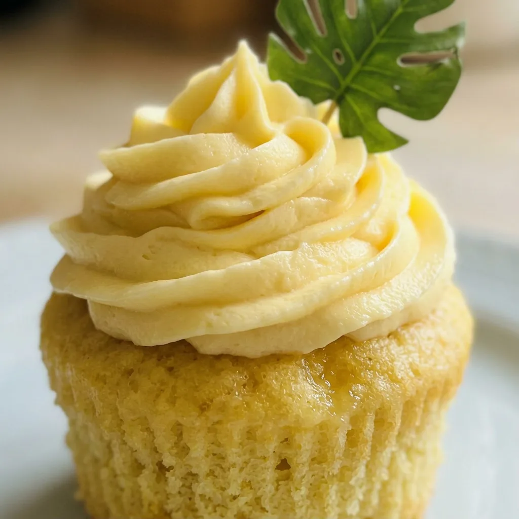 Macro detail of a cupcake with swirls of yellow buttercream and visible pineapple bits in the cake.