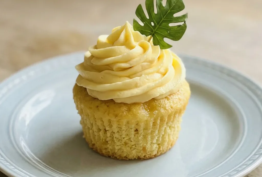 Top-down look at a pineapple cupcake with buttercream frosting and a maraschino cherry on top.