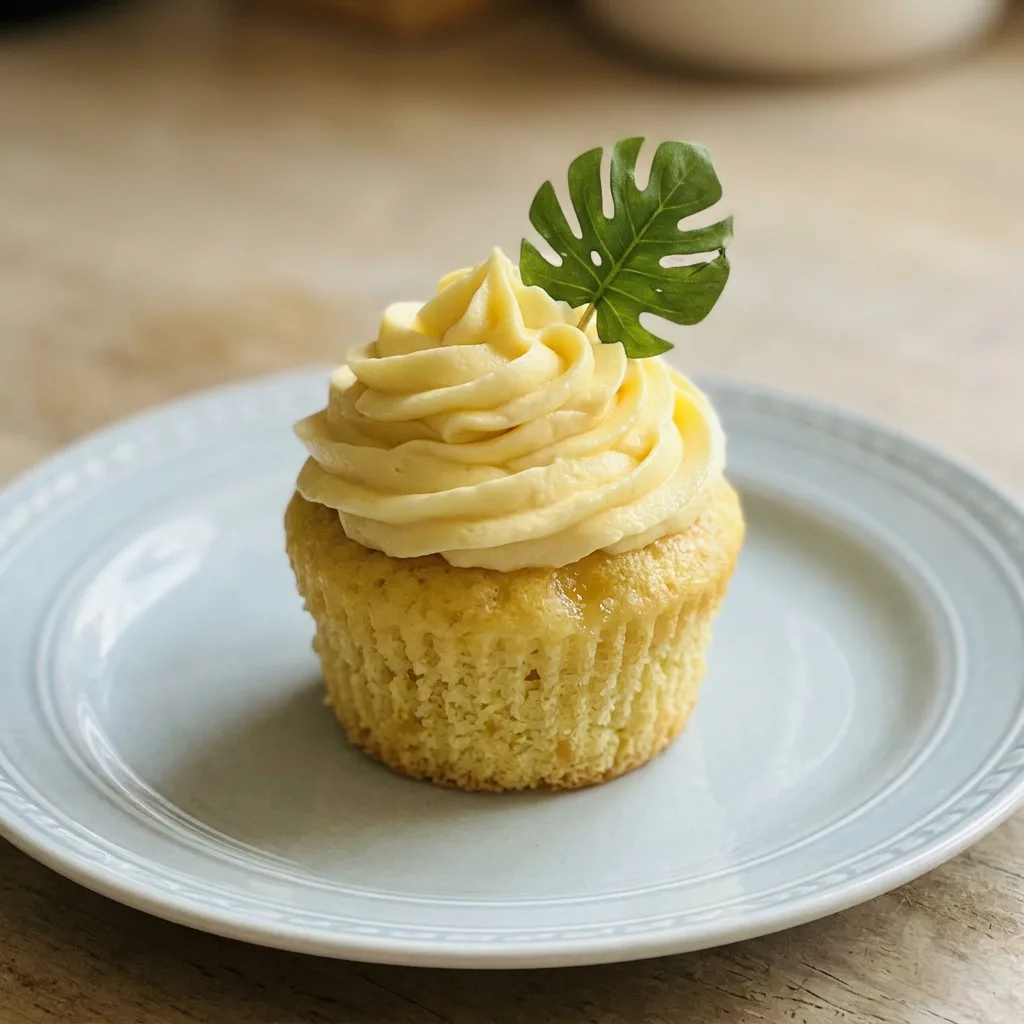 Top-down look at a pineapple cupcake with buttercream frosting and a maraschino cherry on top.