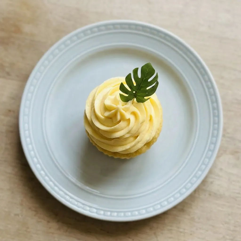 A serving of a pineapple cupcake with buttercream frosting, topped with a cherry and a pineapple wedge.
