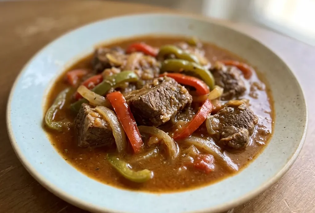 Bird's-eye view of beef stew with sofrito, red and green bell peppers, and onions in a rich brown sauce.