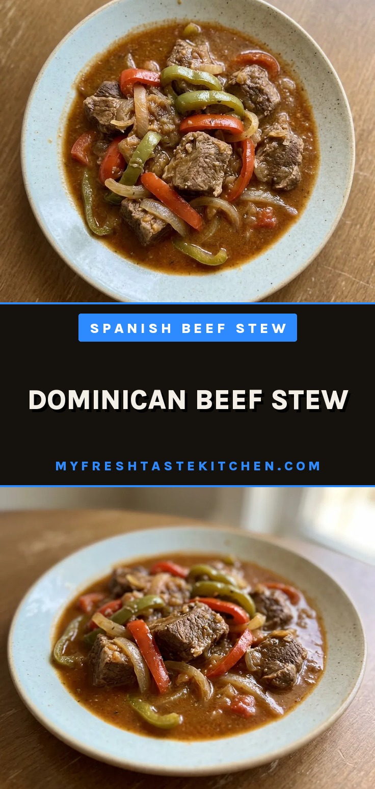 Dominican beef stew in a dark brown gravy with visible bell peppers and onions, the beef chunks are tender.
