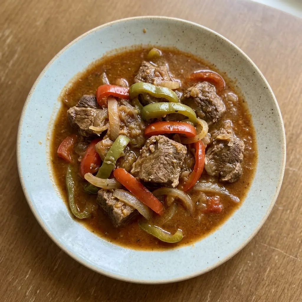 Ready to serve: ladle of beef stew with adobo and sazon seasoned meat and peppers.