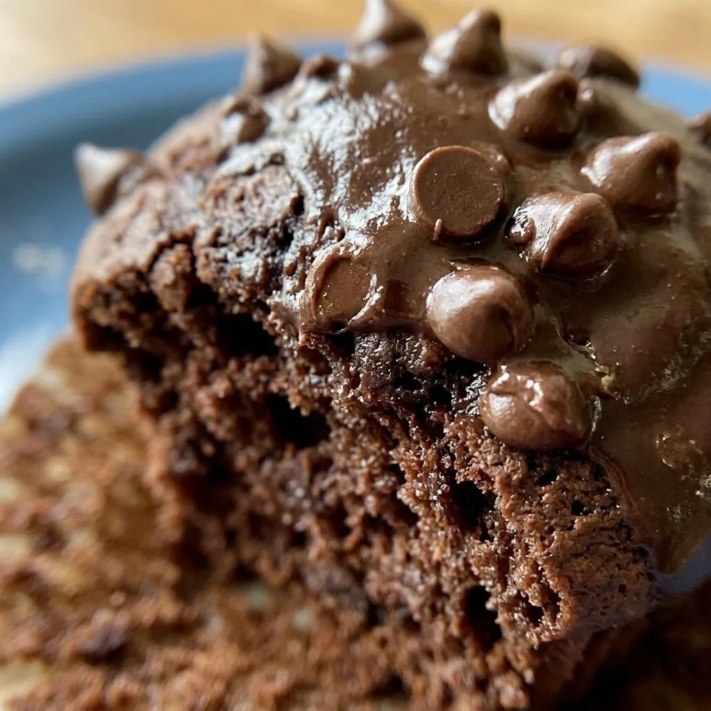 Zoomed in on a muffin half, revealing a dark, moist crumb with melted chocolate pockets and espresso flecks.