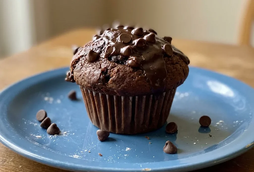Bird's-eye view of two chocolate muffins with cracked domes, studded with chocolate chips, on a dark surface.