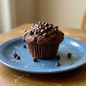 Bird's-eye view of two chocolate muffins with cracked domes, studded with chocolate chips, on a dark surface.