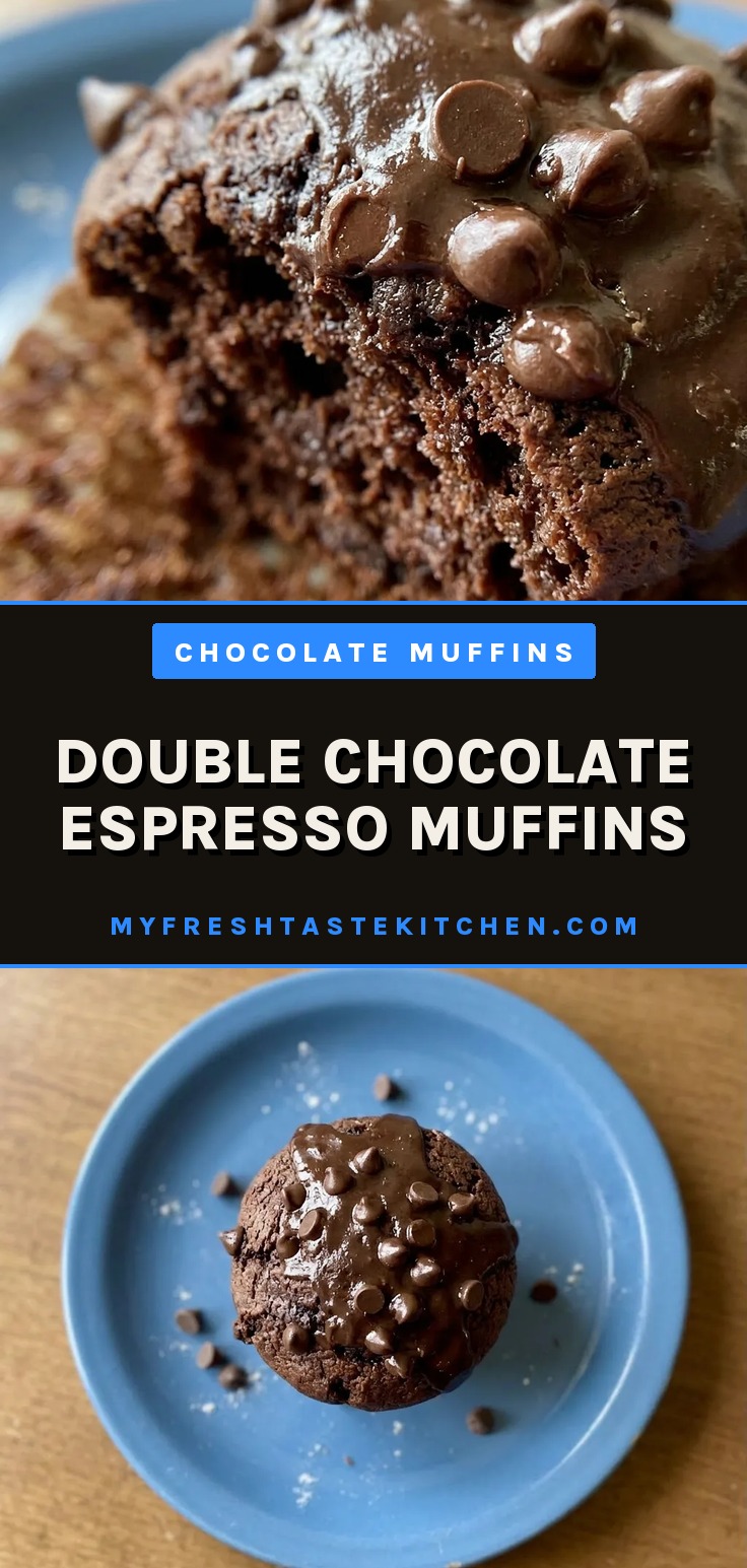 Bird's-eye view of two chocolate muffins with cracked domes, studded with chocolate chips, on a dark surface.