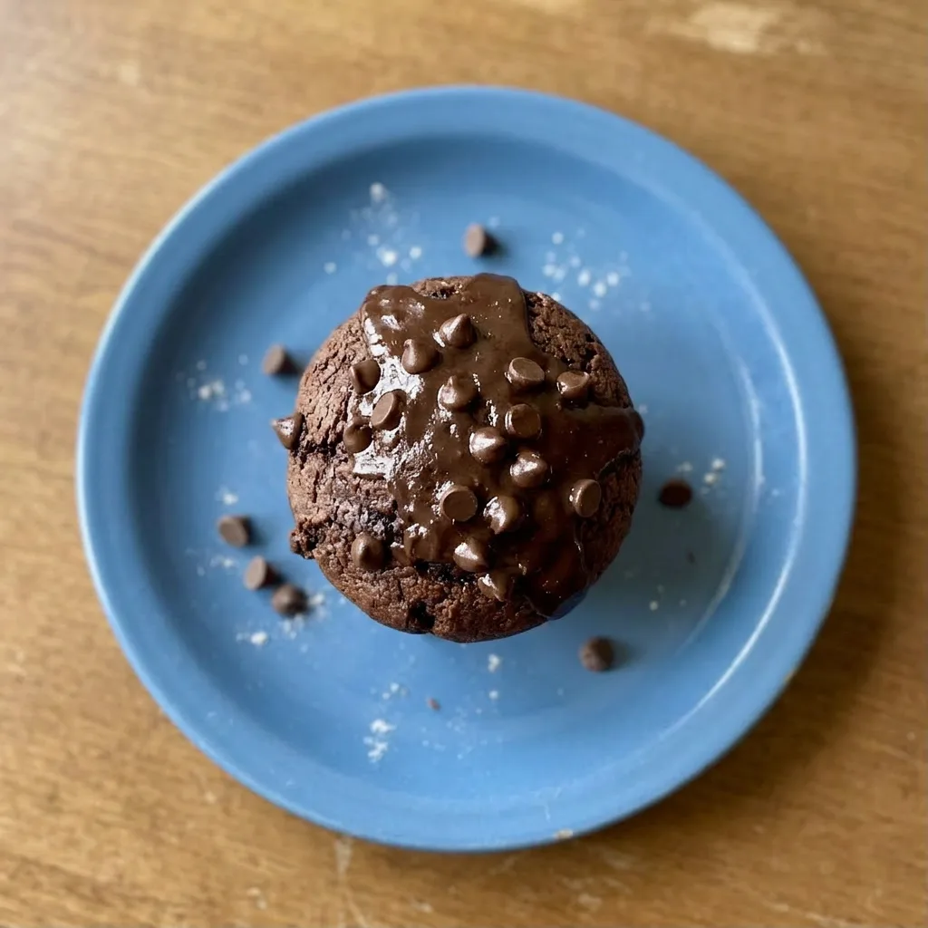 Ready to serve: a single muffin with a domed top, scattered chocolate chips, and a glossy sheen from cocoa.