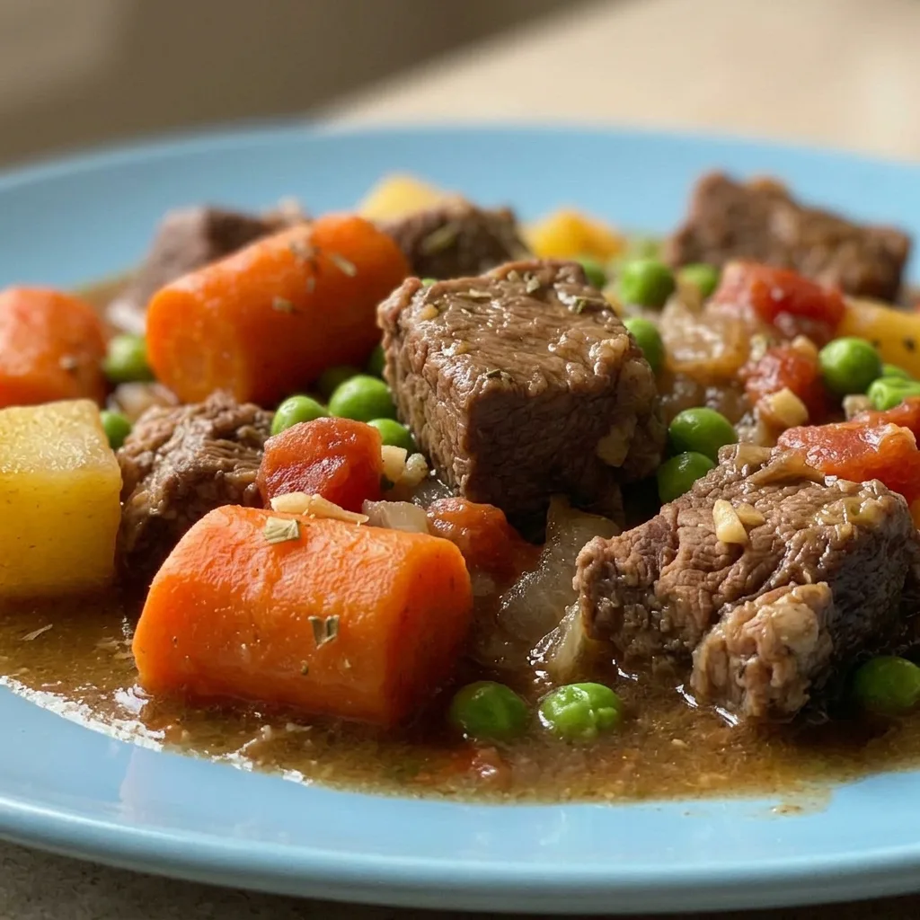 Zoomed in on a spoonful of beef stew showing tender beef, carrot slices, and peas in broth.