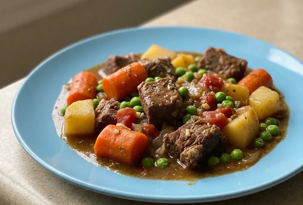 Bird's-eye view of a bowl of beef stew with chunks of beef, carrots, potatoes, and peas in a rich broth.
