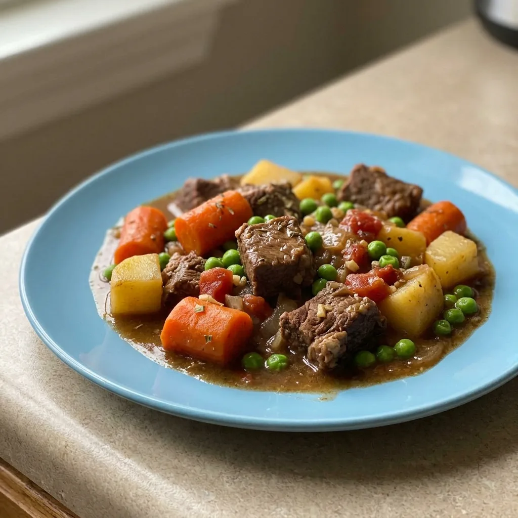 Bird's-eye view of a bowl of beef stew with chunks of beef, carrots, potatoes, and peas in a rich broth.