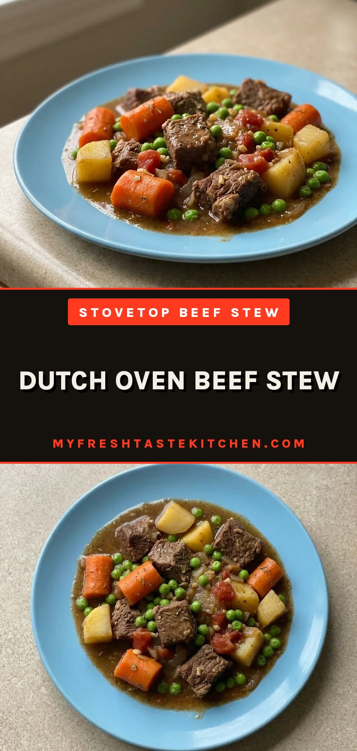 Hearty beef stew in dutch oven with carrots and potatoes, showing chunks of beef, carrots, and peas in a rich brown broth.