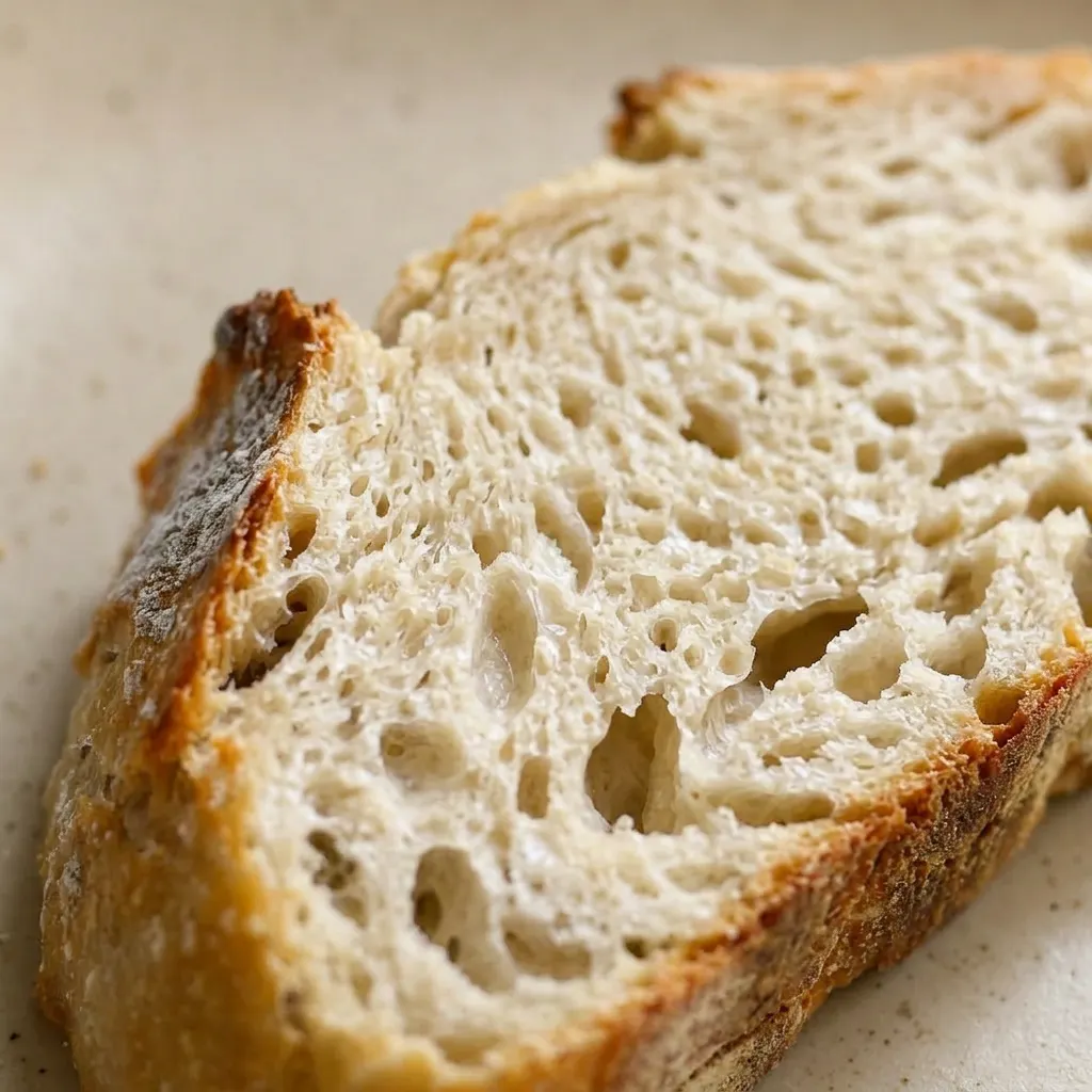 Zoomed in on a crusty bread slice with a crisp, cracked surface and a soft, porous interior dotted with tiny air pockets.