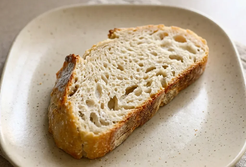 Bird's-eye view of a round loaf with a golden brown crust and a dusting of coarse salt, sliced into wedges revealing an airy crumb.