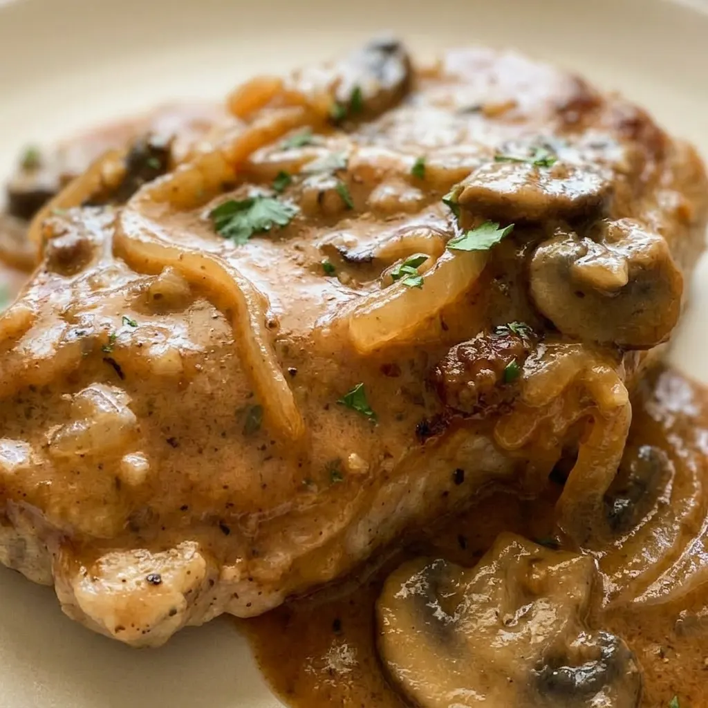 Macro detail of a pork chop with a seared crust, topped with sautéed mushrooms and onion, glistening with sauce.