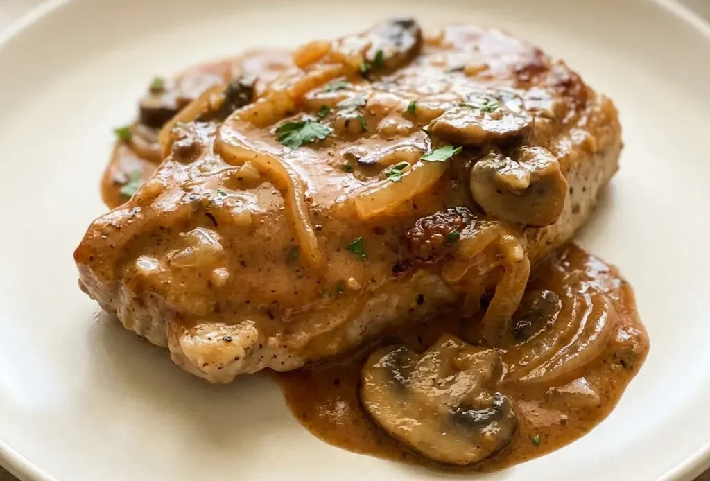 Top-down look at two pork chops surrounded by sliced mushrooms and onion pieces in a creamy brown sauce.