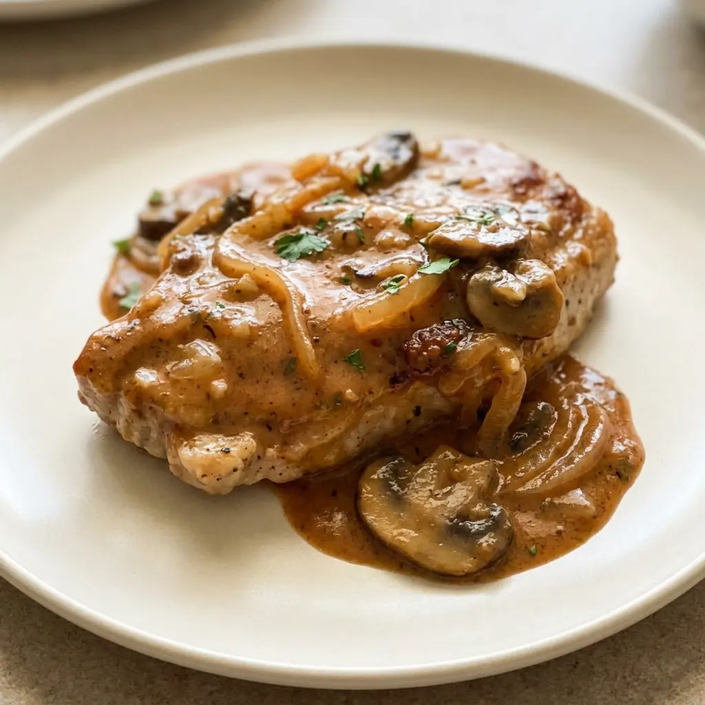 Top-down look at two pork chops surrounded by sliced mushrooms and onion pieces in a creamy brown sauce.