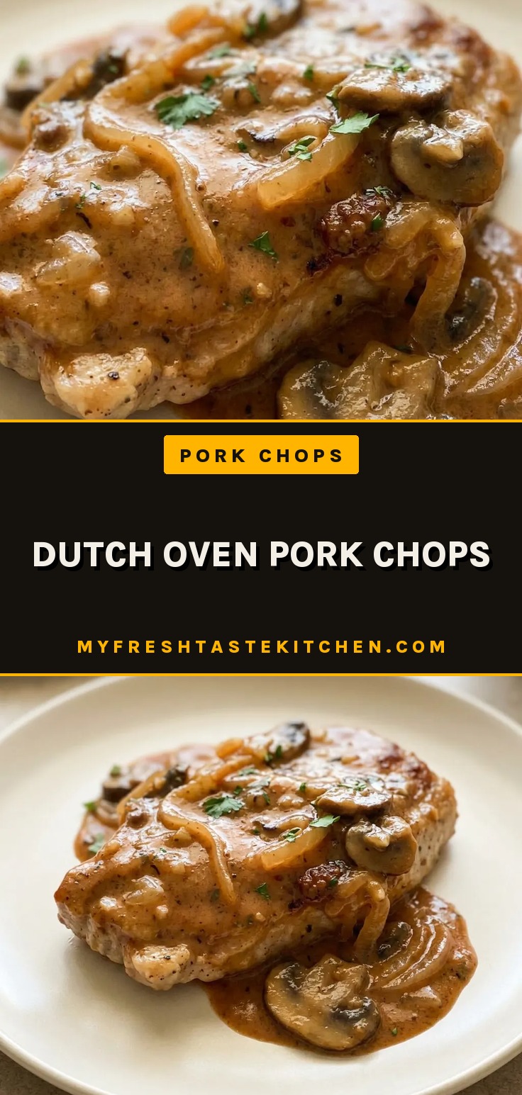 Top-down look at two pork chops surrounded by sliced mushrooms and onion pieces in a creamy brown sauce.