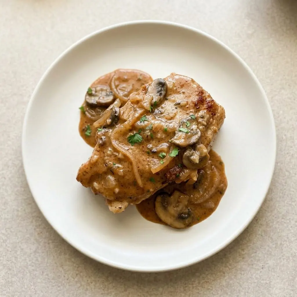A serving of pork chops with mushrooms and onions in a rich cream sauce, garnished with garlic pieces.