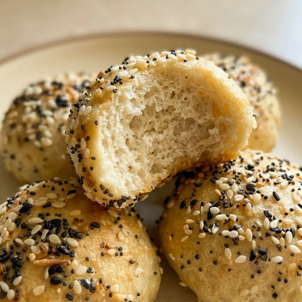 Zoomed in on a mini bagel topped with white and black seeds from everything bagel seasoning.