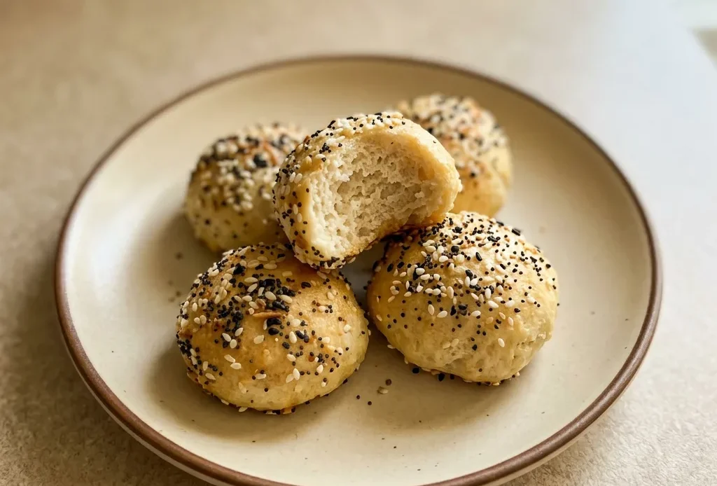 Bird's-eye view of two round mini bagels with everything bagel seasoning on a dark surface.