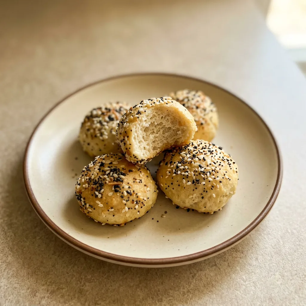 Bird's-eye view of two round mini bagels with everything bagel seasoning on a dark surface.