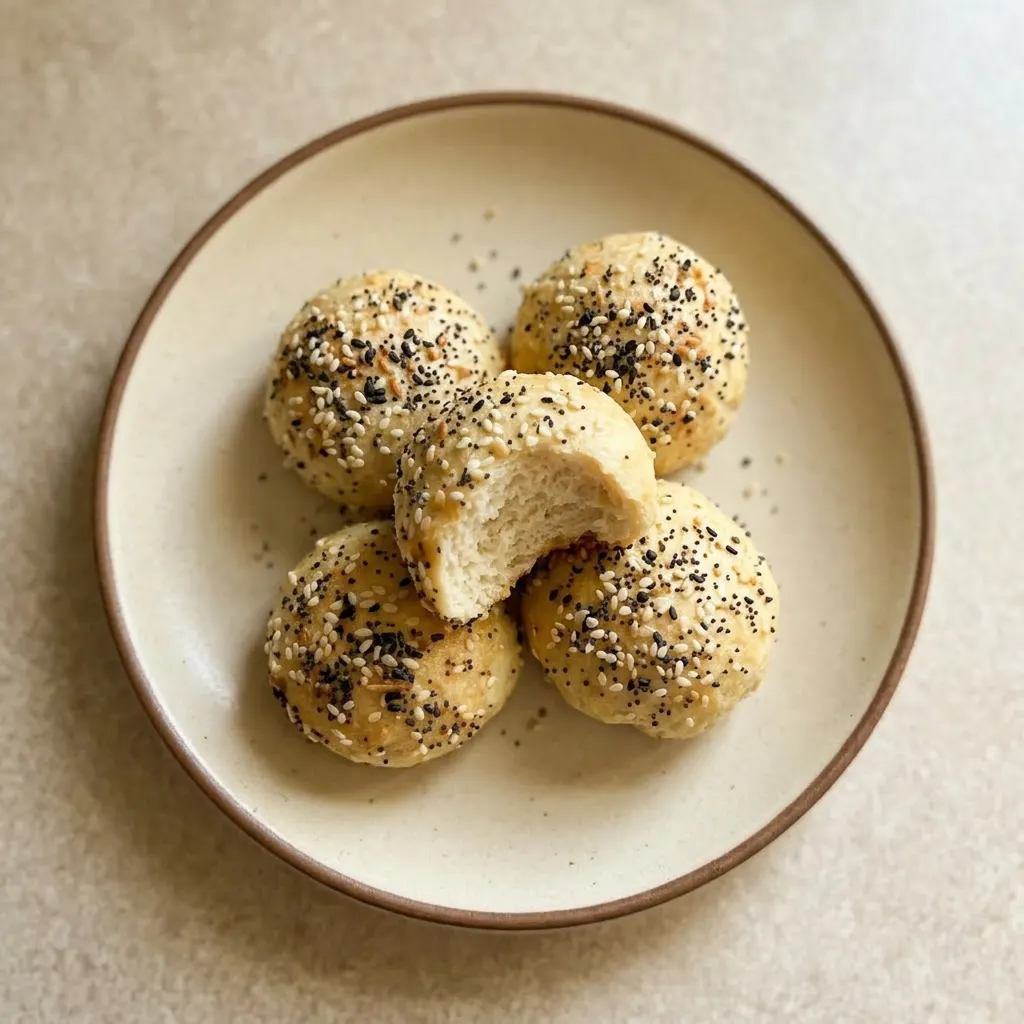 Ready to serve: two mini bagels with golden tops and visible seasoning flakes.